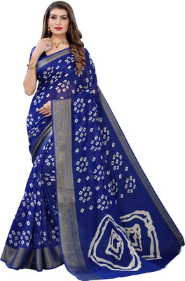YASHIKA Printed Bandhani Cotton Blend Saree(Blue)