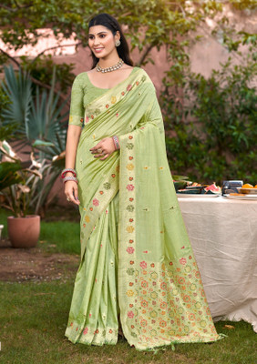 BUNAWAT Woven Assam Silk Raw Silk Saree(Light Green)