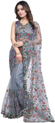 KV Fashion Embroidered Bollywood Net Saree(Grey)