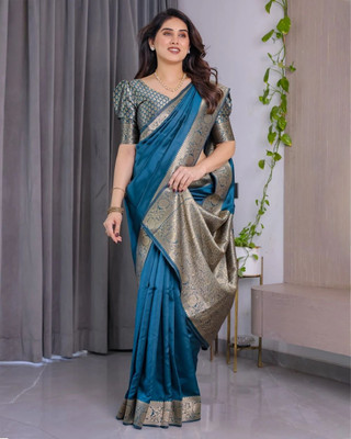 Hensi sarees shop Solid/Plain Banarasi Jacquard, Cotton Silk Saree(Blue)