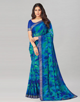 SIRIL Embellished, Printed Bollywood Chiffon, Georgette Saree(Gold, Blue)