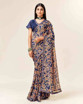 CHOICEIT Printed, Floral Print Bollywood Georgette Saree(Blue)