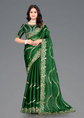 Brahmani Creation Woven Kanjivaram Silk Blend Saree(Dark Green)