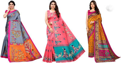 YASHIKA Woven Kasavu Art Silk Saree(Pack of 3, Grey, Pink, Yellow)