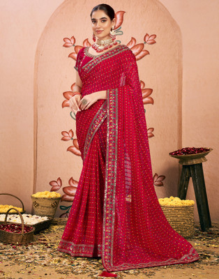 Samah Embellished, Embroidered, Printed Bandhani Chiffon, Lace Saree(Red)