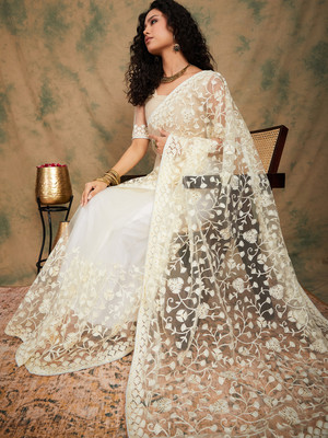 Divastri Embroidered Chanderi Net Saree(Cream)