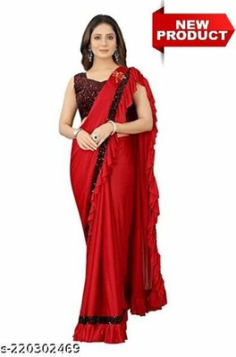 PLEXSTAR Solid/Plain Bollywood Lycra Blend Saree(Red)