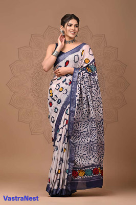 VastraNest Printed Hand Batik Cotton Linen Saree(Multicolor)