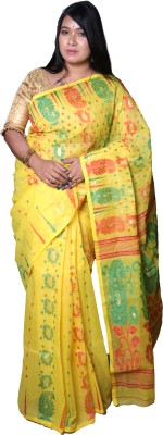 Kiyansh Creation Embroidered, Applique Jamdani Cotton Blend, Pure Cotton Saree(Yellow)