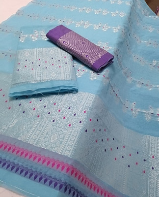 Sheden Lopez Creation Woven Mekhela Chador Cotton Silk Saree(Light Blue)