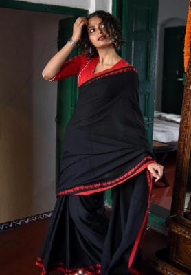 Ruuprekha Woven Handloom Cotton Blend Saree(Black)