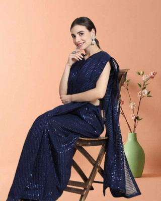 Jayu Digital Print, Dyed, Embroidered, Printed, Self Design, Striped Bollywood Georgette Saree(Dark Blue)