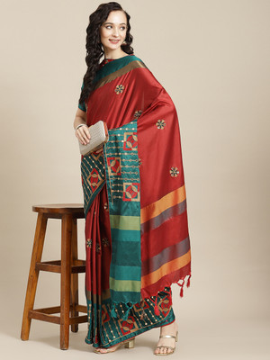 SERONA FABRICS Embroidered Bollywood Cotton Silk Saree(Maroon, Dark Green)