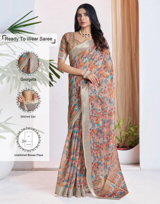 Samah Geometric Print, Woven, Embellished Bollywood Linen Saree(Brown)