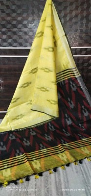 govind handloom Printed Bollywood Cotton Linen Saree(Black, Yellow)