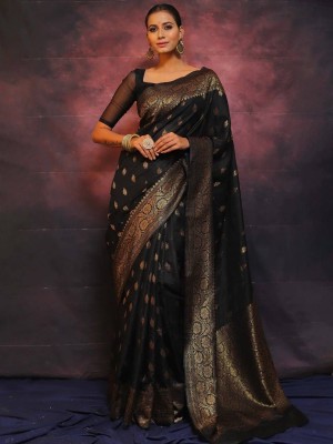 ZILVIRA Woven Banarasi Jacquard Saree(Black)