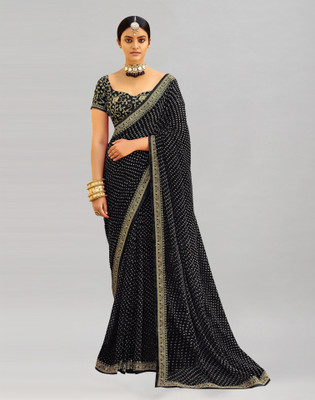 Satrani Printed, Embellished Bandhani Georgette Saree(Black, White)