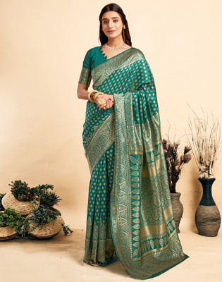 Samah Embellished, Woven, Self Design Banarasi Silk Blend, Jacquard Saree(Green, Gold)