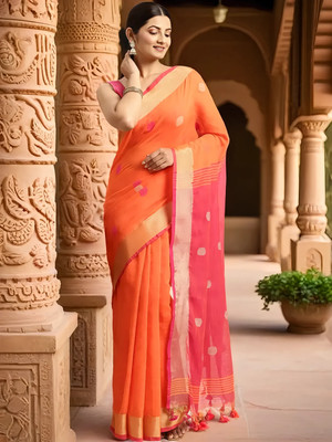 Desh Bidesh Self Design, Solid/Plain, Woven, Striped Handloom Handloom Cotton Blend, Pure Cotton Saree(Orange)