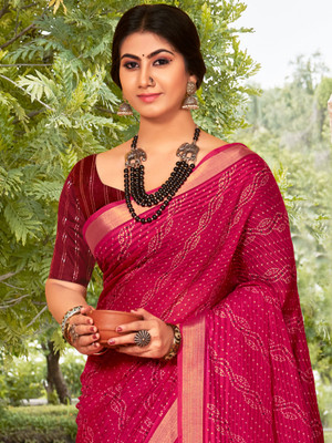 Divastri Printed Bandhani Cotton Blend Saree(Pink)