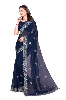 Mikhushop Embroidered Bollywood Silk Blend Saree(Dark Blue)