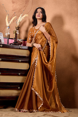 Disha Fashion Solid/Plain, Embroidered Bollywood Art Silk Saree(Brown)