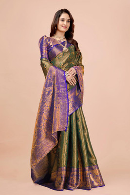 jayant creation Woven Banarasi Silk Blend, Jacquard Saree(Dark Green)