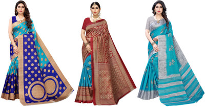 Nirvaan Printed Kanjivaram Art Silk Saree(Pack of 3, Blue, Red, Grey)