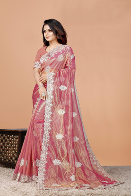b bella creation Self Design, Embroidered Bollywood Supernet Saree(Pink)