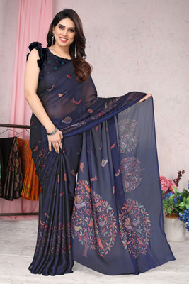 MIRCHI FASHION Solid/Plain, Embellished Daily Wear Chiffon, Georgette Saree(Dark Blue, Multicolor)