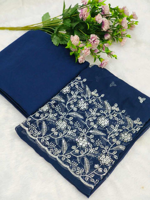 STITCH N SOLUS Solid/Plain, Embroidered, Self Design Daily Wear Georgette, Chiffon Saree(Blue)