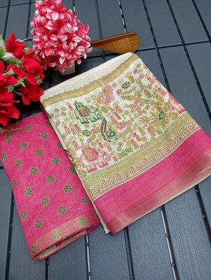 PRTRENDZ Printed Kanjivaram Linen, Cotton Linen Saree(Pink, White)