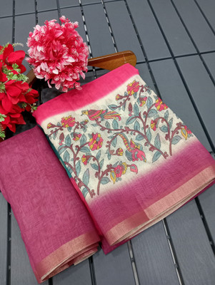 Mervadiya Printed Kanjivaram Linen, Cotton Linen Saree(Magenta)