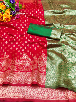 VERCO Woven Banarasi Silk Blend Saree(Red)