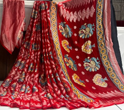 Hensi sarees shop Animal Print, Digital Print, Floral Print, Hand Painted, Ombre, Polka Print, Printed, Striped Mysore Chiffon, Art Silk Saree(Red)