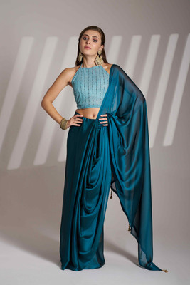 shiv textiles Embellished Bollywood Satin Saree(Blue)