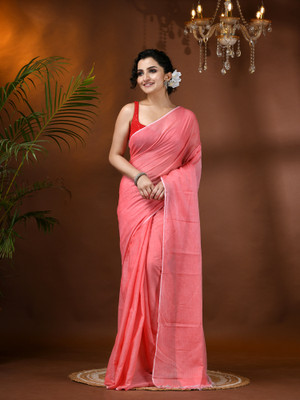 Desh Bidesh Solid/Plain, Woven, Self Design Bollywood Handloom Pure Cotton Saree(Red)