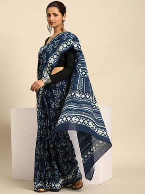 Taavi Printed Handloom Pure Cotton Saree(Blue)