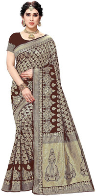 YASHIKA Printed Banarasi Silk Blend Saree(Brown)