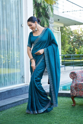 MITRACREATION Embellished Bollywood Silk Blend Saree(Dark Blue)