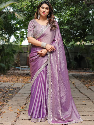 VISVASTA Dyed Bollywood Chiffon, Tussar Silk Saree(Purple)