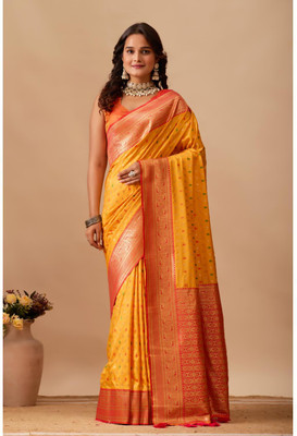Kathavastra Floral Print, Woven Banarasi Pure Silk Saree(Yellow)