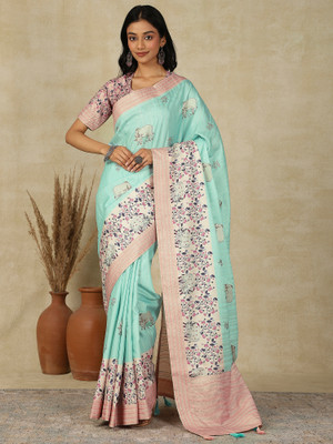 Tasrika Printed Banarasi Silk Blend Saree(Light Blue)