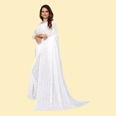 nexxxa Solid/Plain Bollywood Net Saree(White)