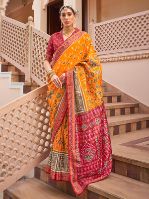 Sareemall Printed Patola Silk Blend Saree(Yellow)