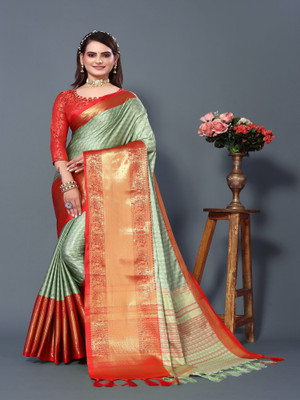 Apnisha Solid/Plain Banarasi Pure Silk Saree(Light Green)