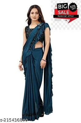 WOSTON Solid/Plain Bollywood Lycra Blend Saree(Blue)