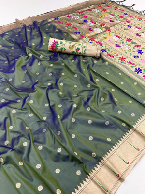 Keswi Fab Woven Banarasi Jacquard, Pure Silk Saree(Green)