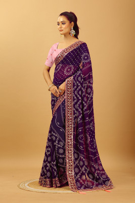 Damru trendz Digital Print Bandhani Georgette Saree(Purple)