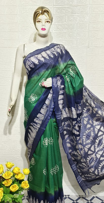 Apparelsnishu Floral Print, Hand Painted Bollywood Cotton Blend Saree(Dark Green)